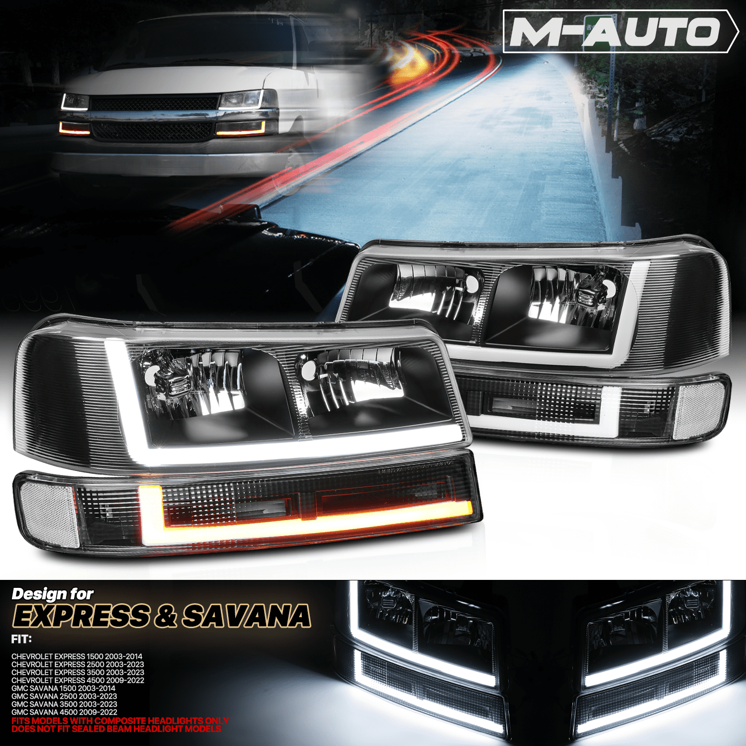 A set of 4 LED running light bars L+R black headlights + bumper signals for 2003-2014 Chevrolet Express 1500,2003-2023 Chevrolet Express 2500