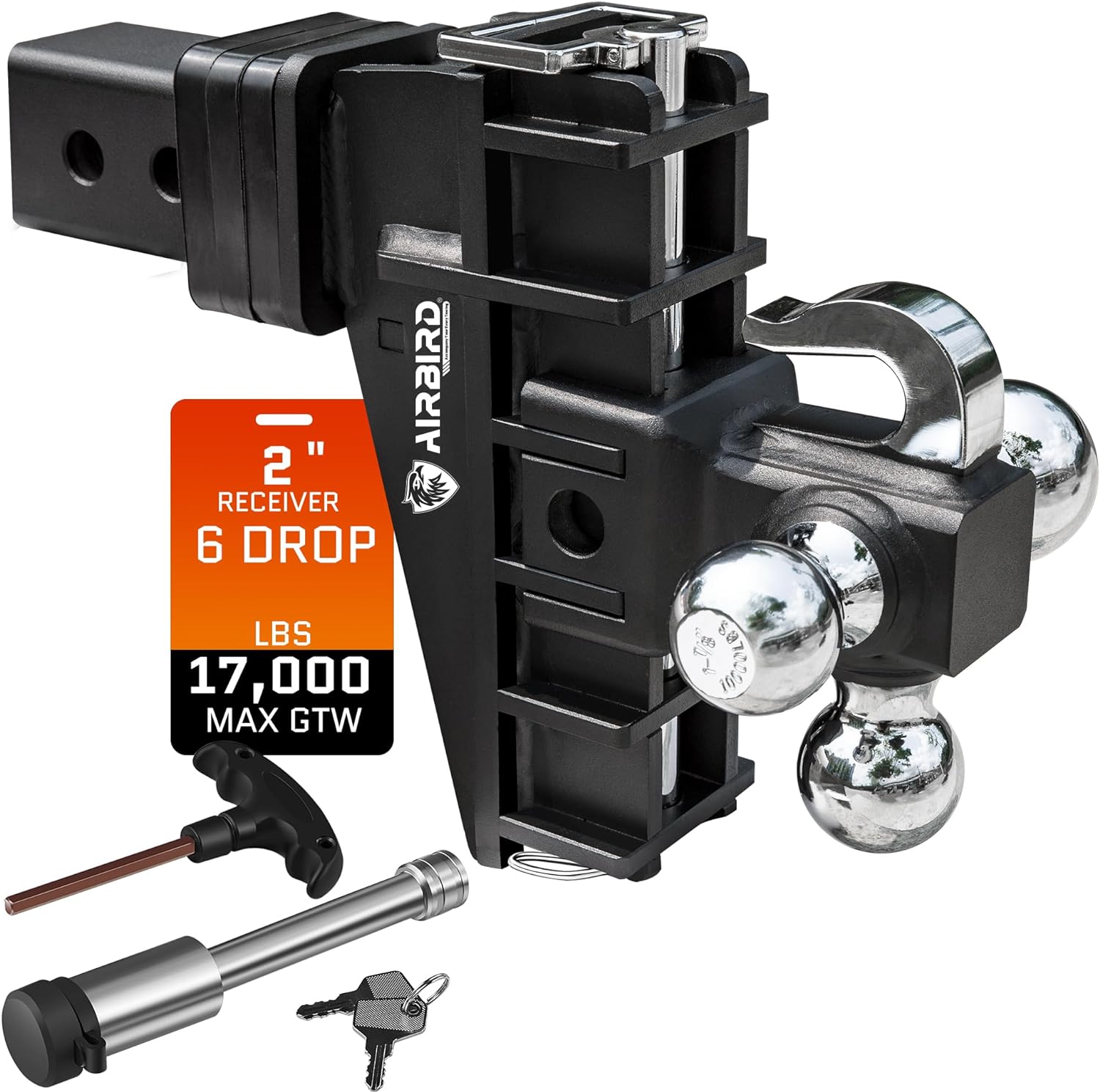 Adjustable Trailer Hitch Fits 2-Inch Receiver, Heavy Duty Tow Hitches (17000 LBS GTW) 6 Inch Drop Truck Hitch Tri-Ball Mount with Hook (1-7/8" x 2" x 2-5/16")