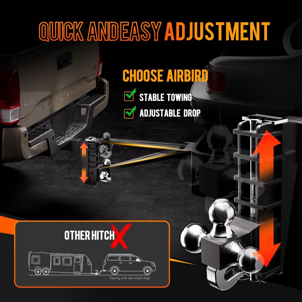 Adjustable Trailer Hitch Fits 2-Inch Receiver, Heavy Duty Tow Hitches (17000 LBS GTW) 6 Inch Drop Truck Hitch Tri-Ball Mount with Hook (1-7/8" x 2" x 2-5/16")
