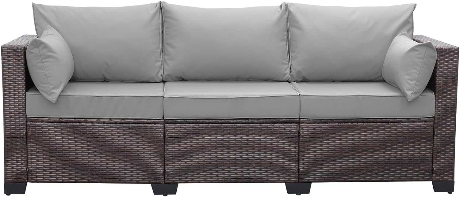 WAROOM Patio Couch PE Wicker 3-Seat Outdoor Brown Rattan Sofa Deep Seating Furniture with Non-Slip Beige Cushion