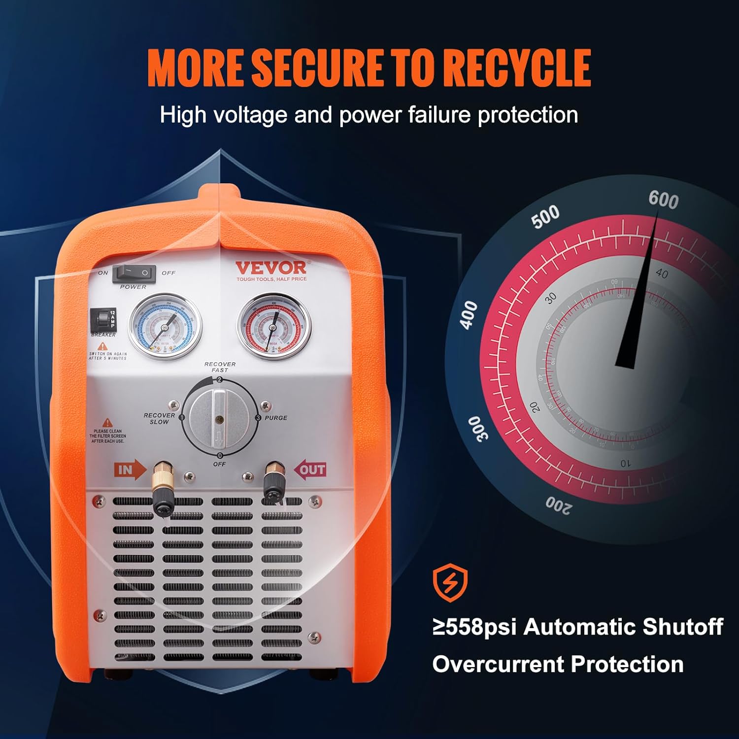 1 HP Refrigerant Recovery Machine - Dual Cylinder Portable AC Recovery Machine with High Pressure Protection 120V 60Hz Recovery Machine HVAC for Vapor Liquid Refrigerant, Car Air Conditioning