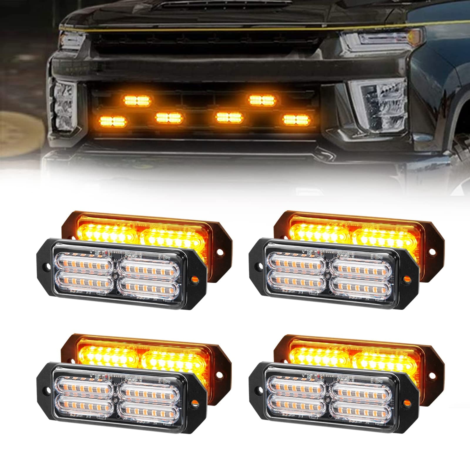 Led Grille Strobe Lights YPF5 Amber, 24-Led Emergency Warning Light Bar Universal Surface Mount, 23 Flashing Mode, for Offroad Vehicle ATVs Truck,8PC Pack (PZ-CB-03-Y-8)