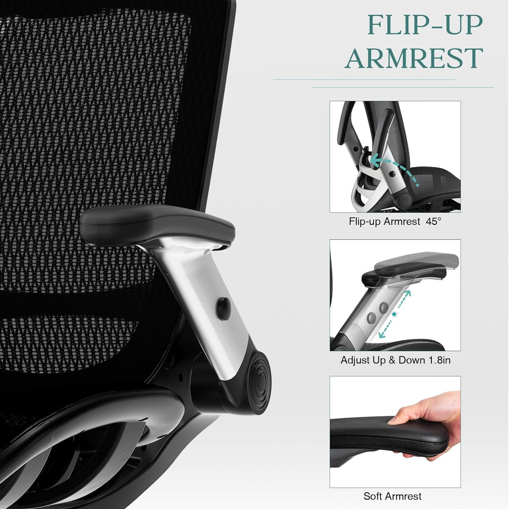 Ergonomic Mesh Office Chair, High Back Desk Chair - Adjustable Headrest with Flip Arm, Tilt Function, Lumbar Support and PU Wheels, Swivel Computer Work Chair