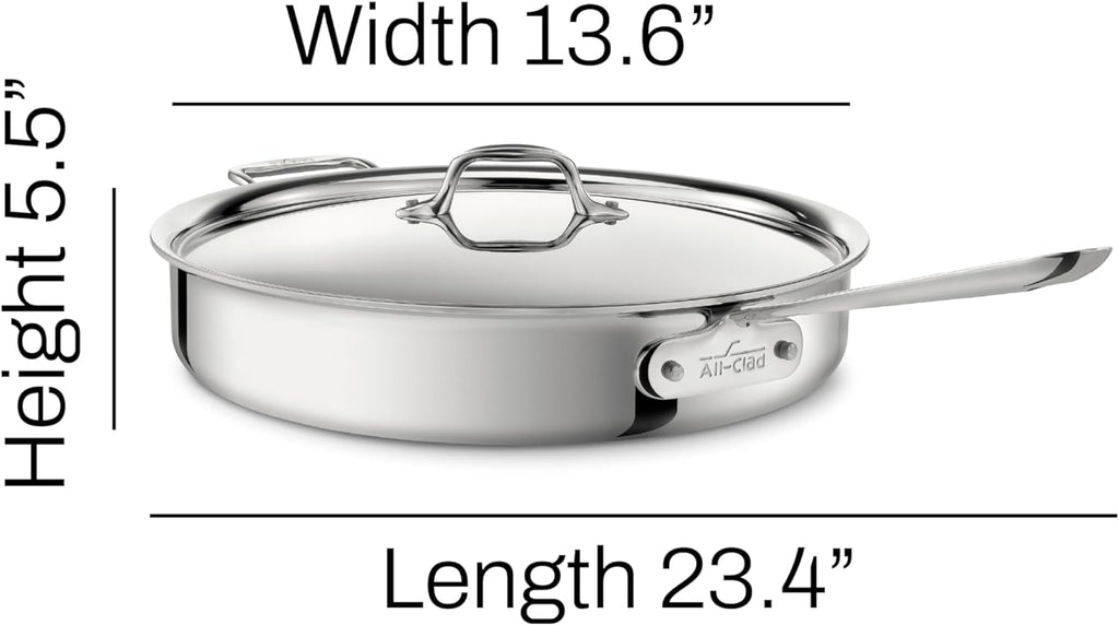 All-Clad D3 3-Ply Stainless Steel Sauté Pan 6 Quart Induction Oven Broiler Safe 600F Pots and Pans, Cookware Silver