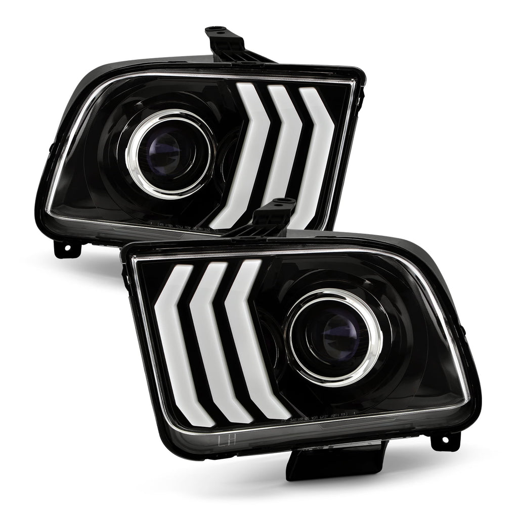 AKKON - Fits 2005-2009 Ford Mustang LED Tube DRL Parking [Halogen Type] Projector Black Headlights Pair Driver+Passenger