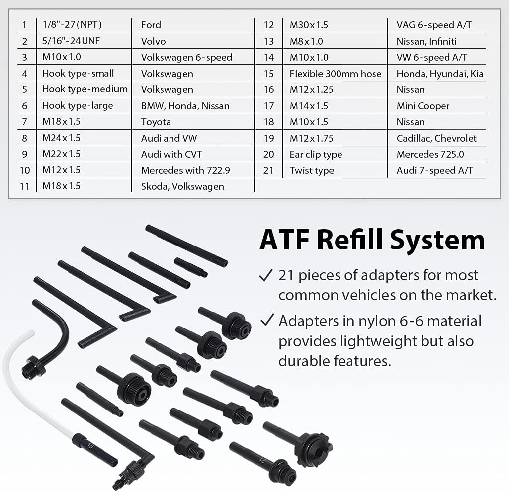 A1139HNUS Patented 12.5L Automatic Transmission Fluid Pump for ATF Filler System with 21 Pieces Taiwan-ATF Filling Adapters, Pneumatic and Manual Operation for Refilling Use