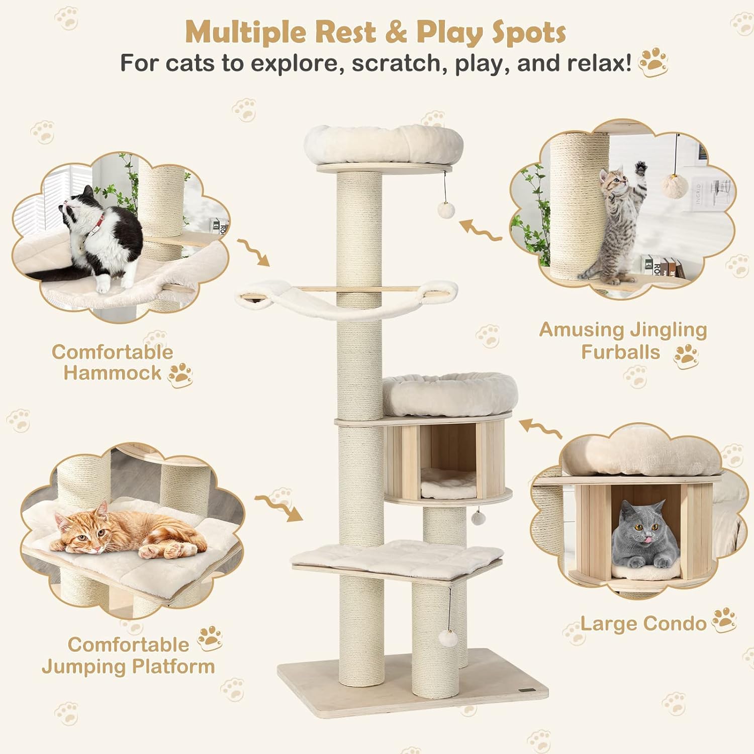 Large cat tree, multi-level tower with sisal posts, hammock, hanging basket and removable washable mats, perfect for large cats