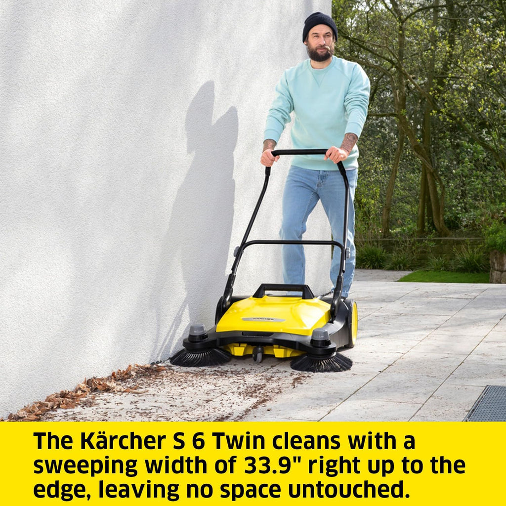 S 6 Twin Walk-Behind Outdoor Hand Push Floor Sweeper - 10 Gallon Capacity - 33.9" Sweeping Width - Sweeps up to 32,300 Square Feet/Hour