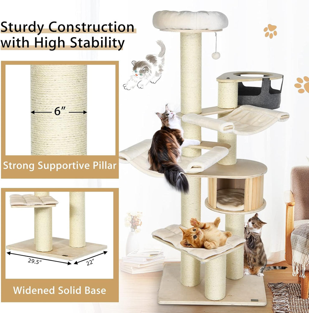 Large cat tree, multi-level tower with sisal posts, hammock, hanging basket and removable washable mats, perfect for large cats