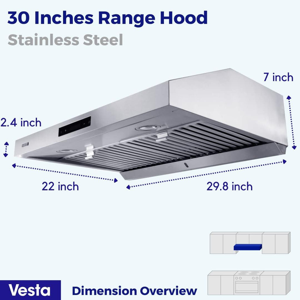 Powerful 30 Inch Under Cabinet Range Hood With Seamless Stainless Steel Body, Twin Turbo Motors, 3 Speed Touch Screen, Round Vent, Baffle Filters, LED Lights, Oil Collector