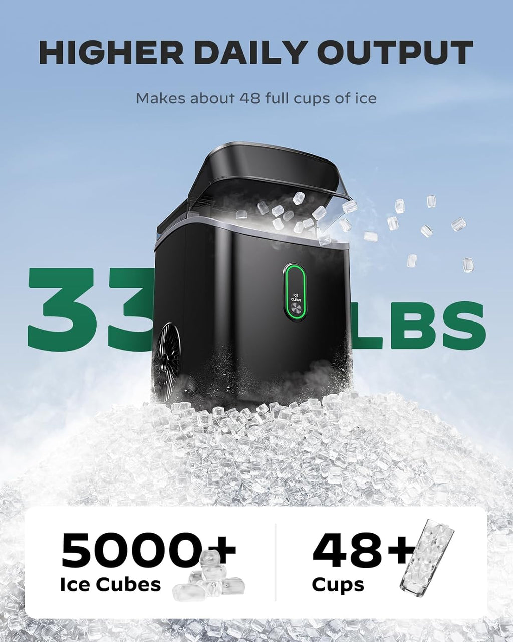 Ice Maker Countertop, Pebble Ice Maker with Soft Chewable Ice, One-Click Operation Ice Machine with Self-Cleaning, 33lbs/24H for Home,Kitchen,Office