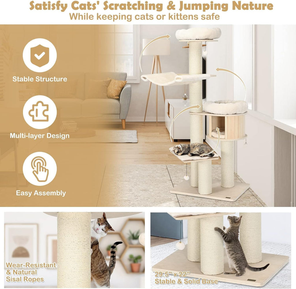 Large cat tree, multi-level tower with sisal posts, hammock, hanging basket and removable washable mats, perfect for large cats