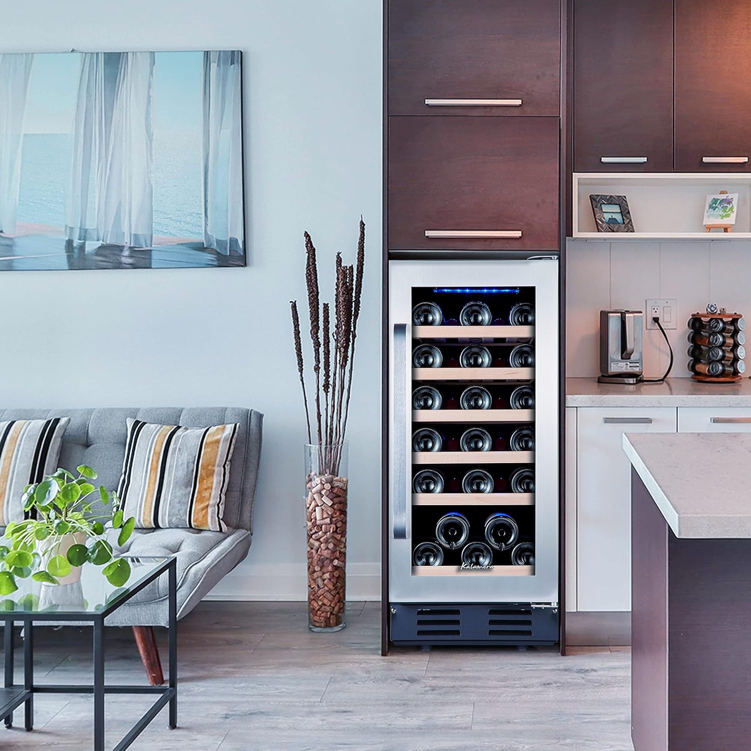 24 inch Wine Cooler, 46 Bottle - Dual Zone Built-in or Freestanding Fridge with Stainless Steel Reversible Glass Door, for Home, Kitchen, or Office.
