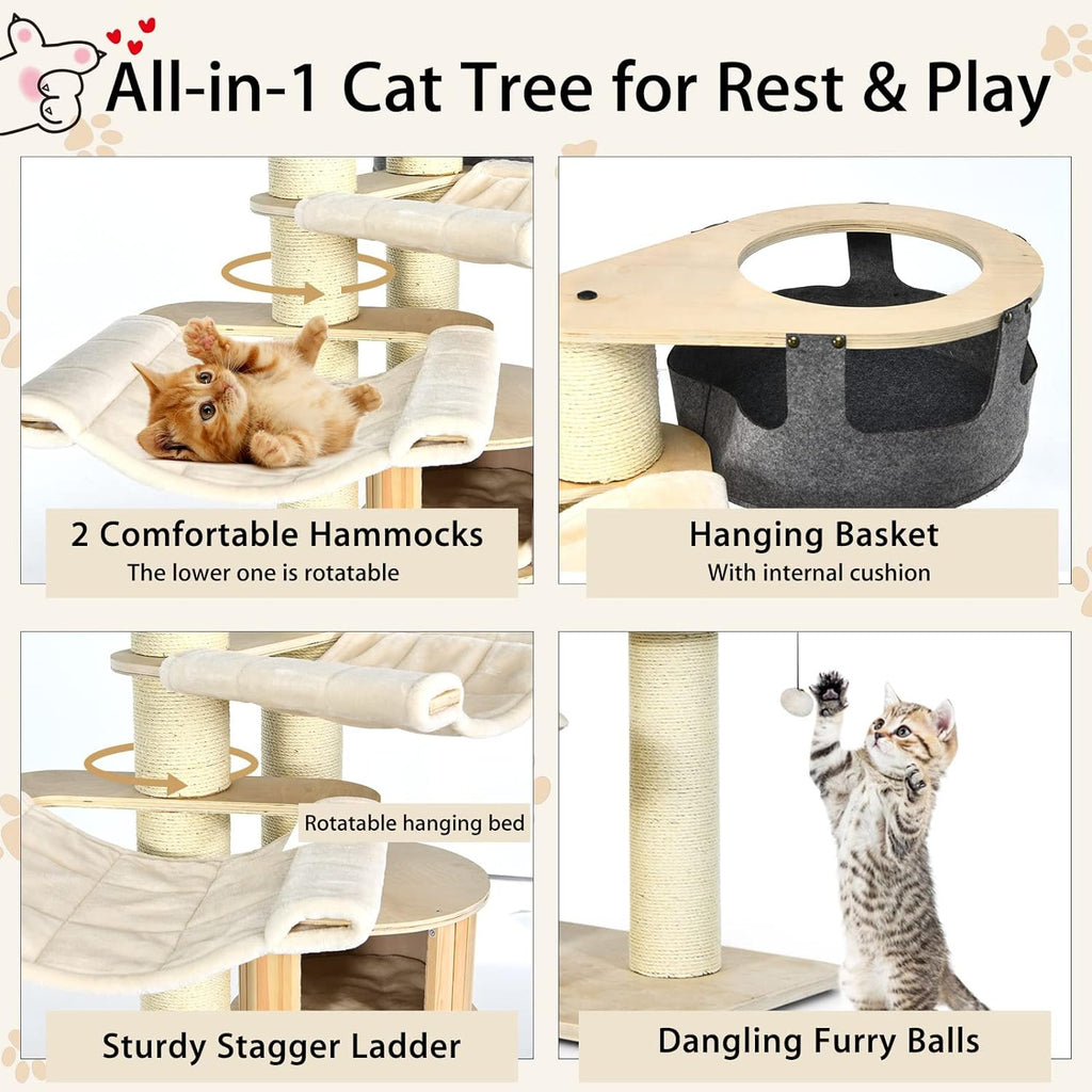 Large cat tree, multi-level tower with sisal posts, hammock, hanging basket and removable washable mats, perfect for large cats