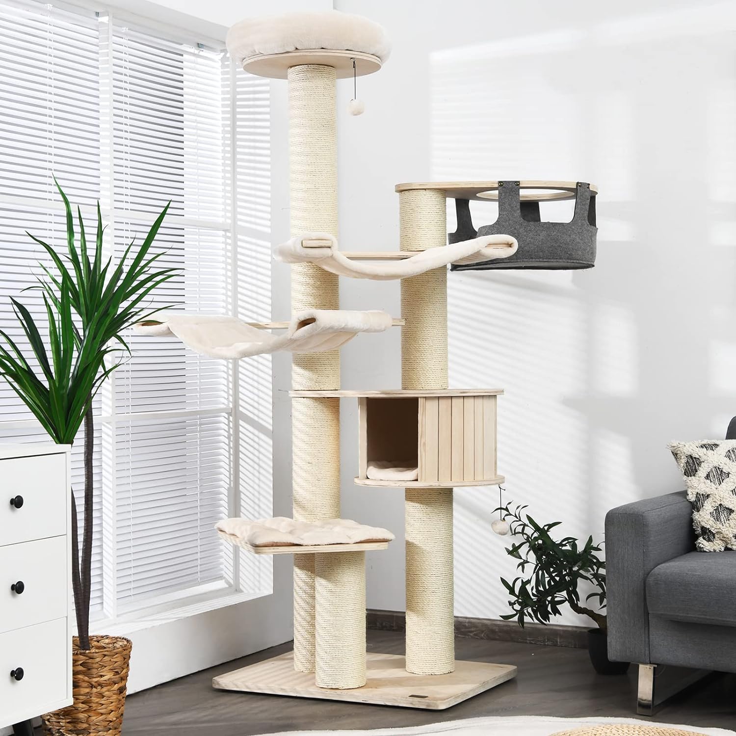 Large cat tree, multi-level tower with sisal posts, hammock, hanging basket and removable washable mats, perfect for large cats