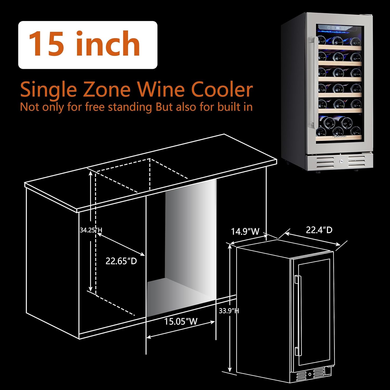 24 inch Wine Cooler, 46 Bottle - Dual Zone Built-in or Freestanding Fridge with Stainless Steel Reversible Glass Door, for Home, Kitchen, or Office.