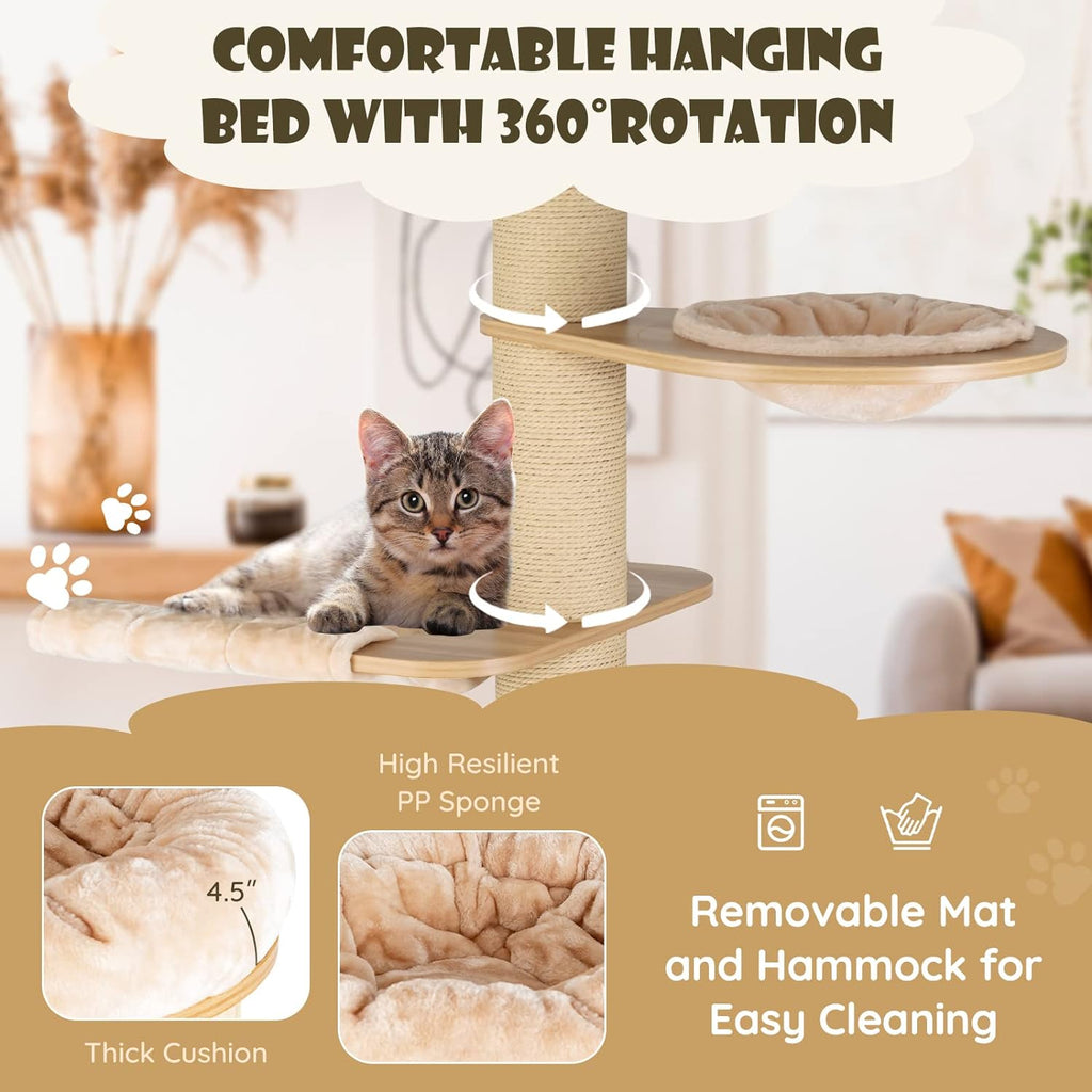 Large cat tree, multi-level tower with sisal posts, hammock, hanging basket and removable washable mats, perfect for large cats