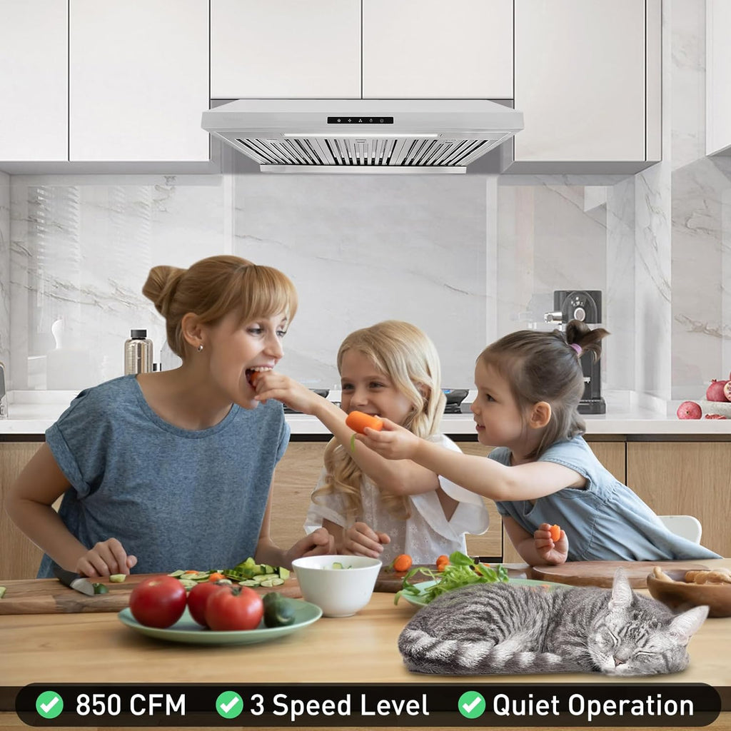 Powerful 30 Inch Under Cabinet Range Hood With Seamless Stainless Steel Body, Twin Turbo Motors, 3 Speed Touch Screen, Round Vent, Baffle Filters, LED Lights, Oil Collector
