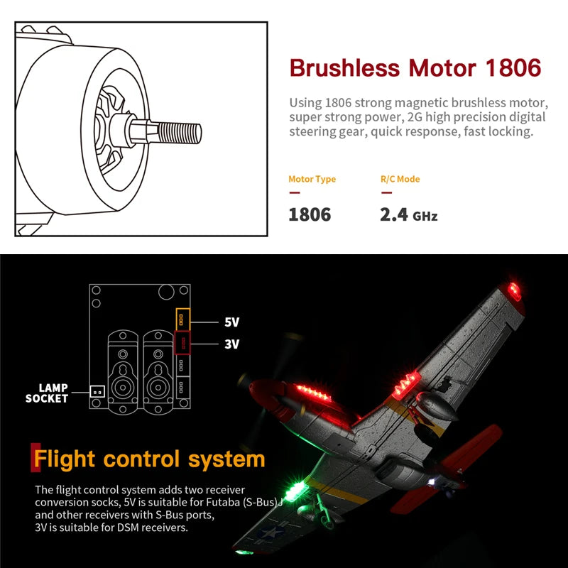 A280 RC Plane 2.4G 4CH 3D6G Mode Aircraft P51 Fighter Simulator with LED Searchlight RC Airplane Toys for Children