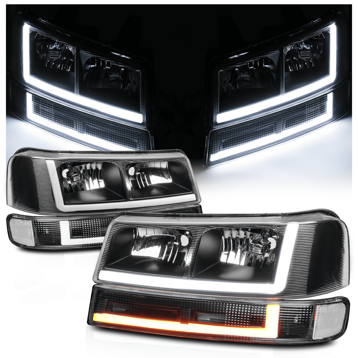 A set of 4 LED running light bars L+R black headlights + bumper signals for 2003-2014 Chevrolet Express 1500,2003-2023 Chevrolet Express 2500