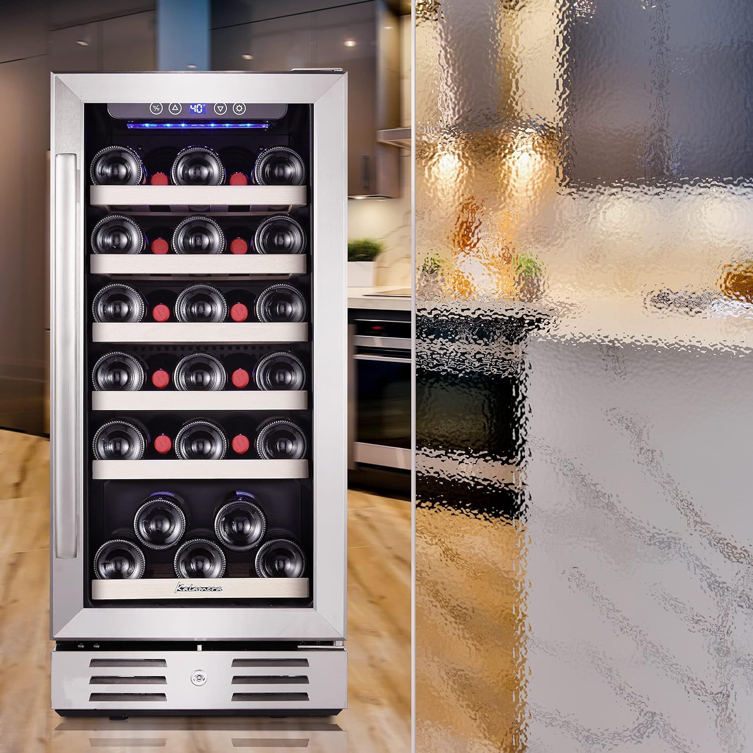 24 inch Wine Cooler, 46 Bottle - Dual Zone Built-in or Freestanding Fridge with Stainless Steel Reversible Glass Door, for Home, Kitchen, or Office.