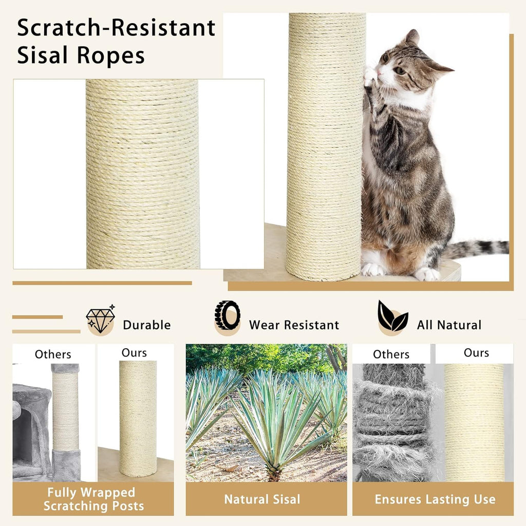 Large cat tree, multi-level tower with sisal posts, hammock, hanging basket and removable washable mats, perfect for large cats