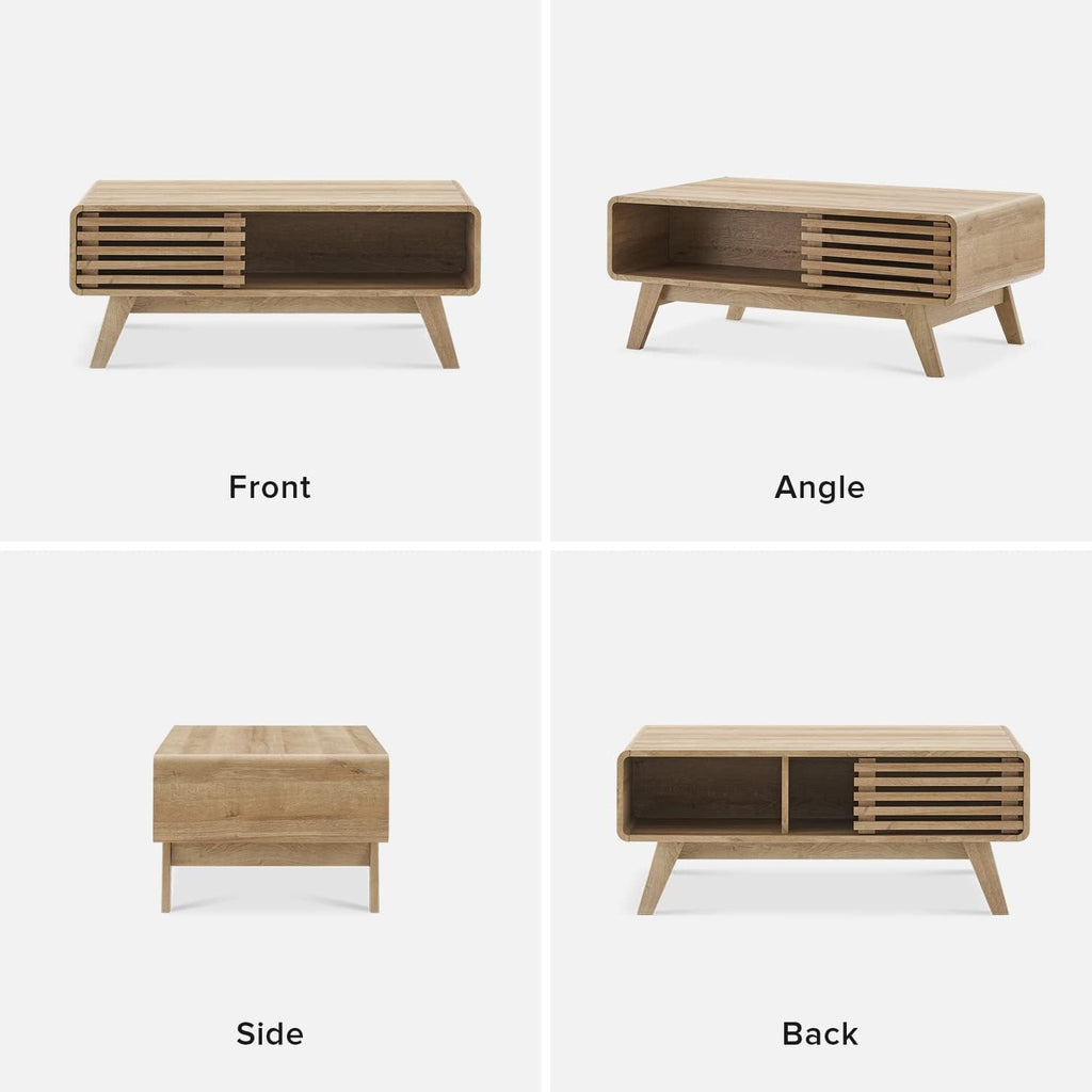 Mopio Ensley Mid Century Modern Rectangle Coffee Table with Dual Storage Shelf, Wood Slat Sliding Door, & Rounded Edge Protection for Living Room, Walnut Grain