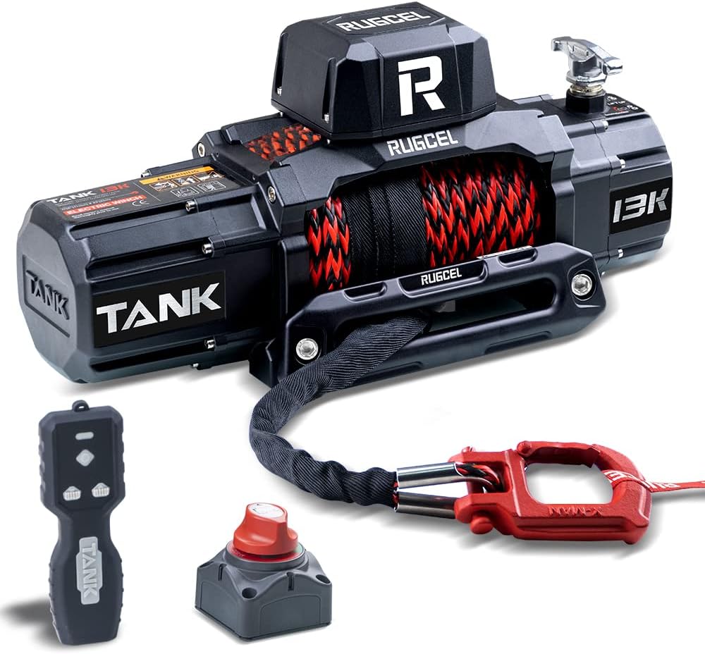 13500lb Waterproof Electric Red Synthetic Rope Winch with Hawse Fairlead, Wired Handle and 2 Wireless Remote (RED)