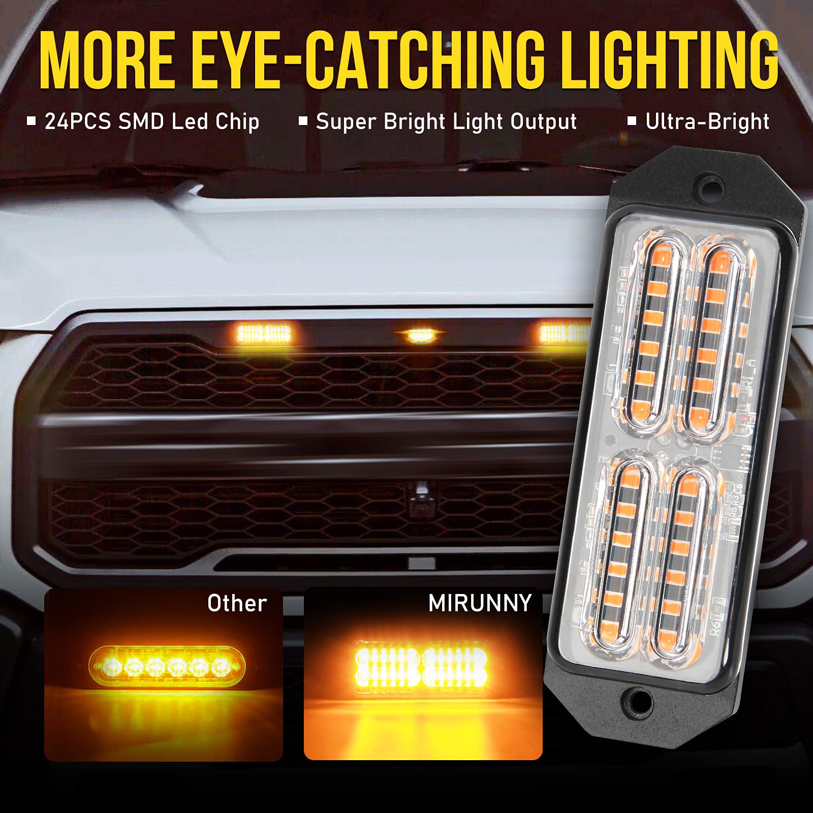 Led Grille Strobe Lights YPF5 Amber, 24-Led Emergency Warning Light Bar Universal Surface Mount, 23 Flashing Mode, for Offroad Vehicle ATVs Truck,8PC Pack (PZ-CB-03-Y-8)
