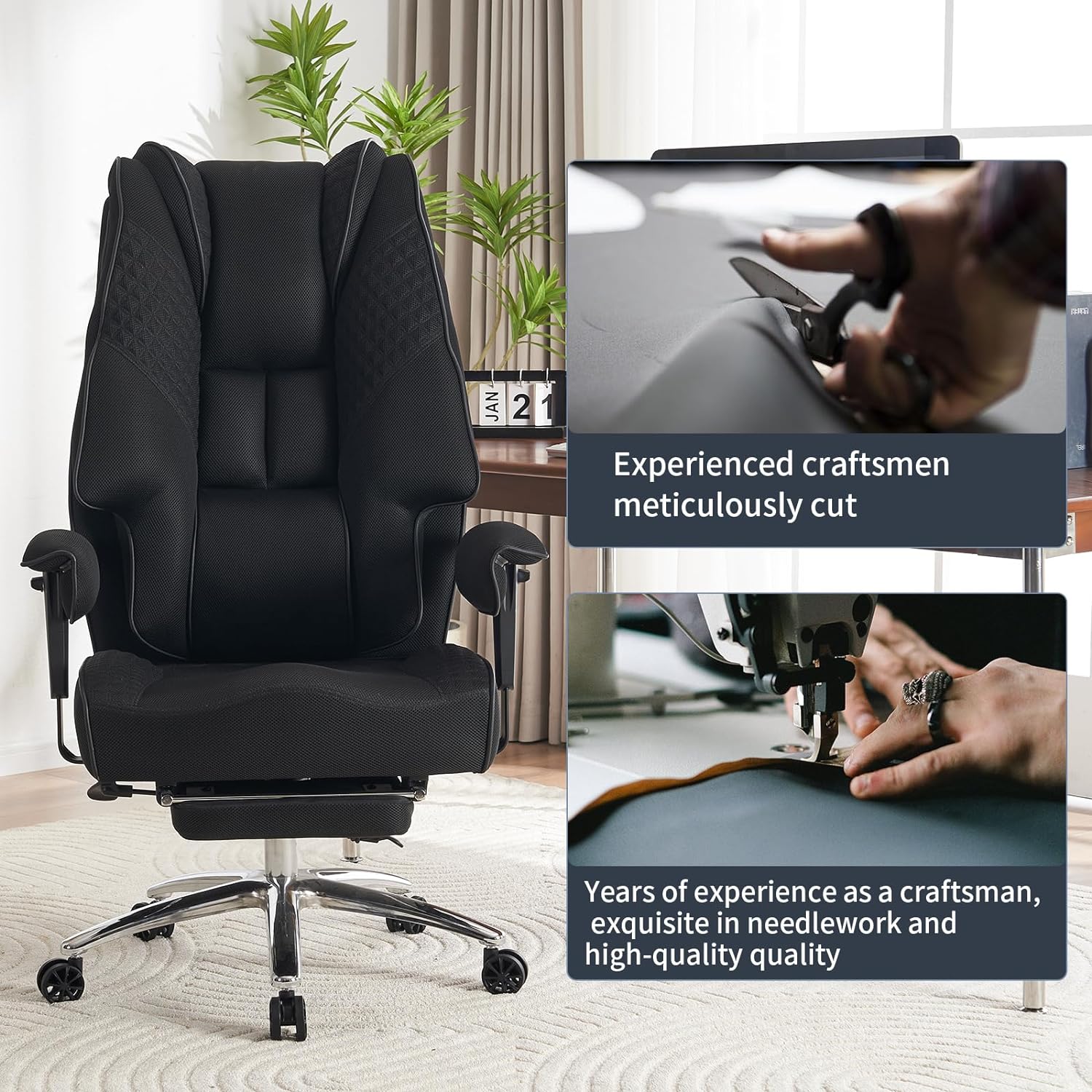 Large Tall Office Chair 400 lbs Wide Seat, Leather High Back Executive Office Chair with Footrest, Ergonomic Office Chair Lumbar Support to Relieve Lower Back Pain (Beige)