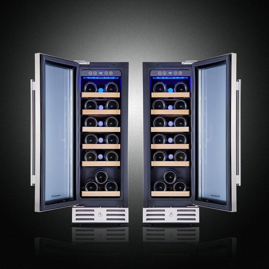 24 inch Wine Cooler, 46 Bottle - Dual Zone Built-in or Freestanding Fridge with Stainless Steel Reversible Glass Door, for Home, Kitchen, or Office.