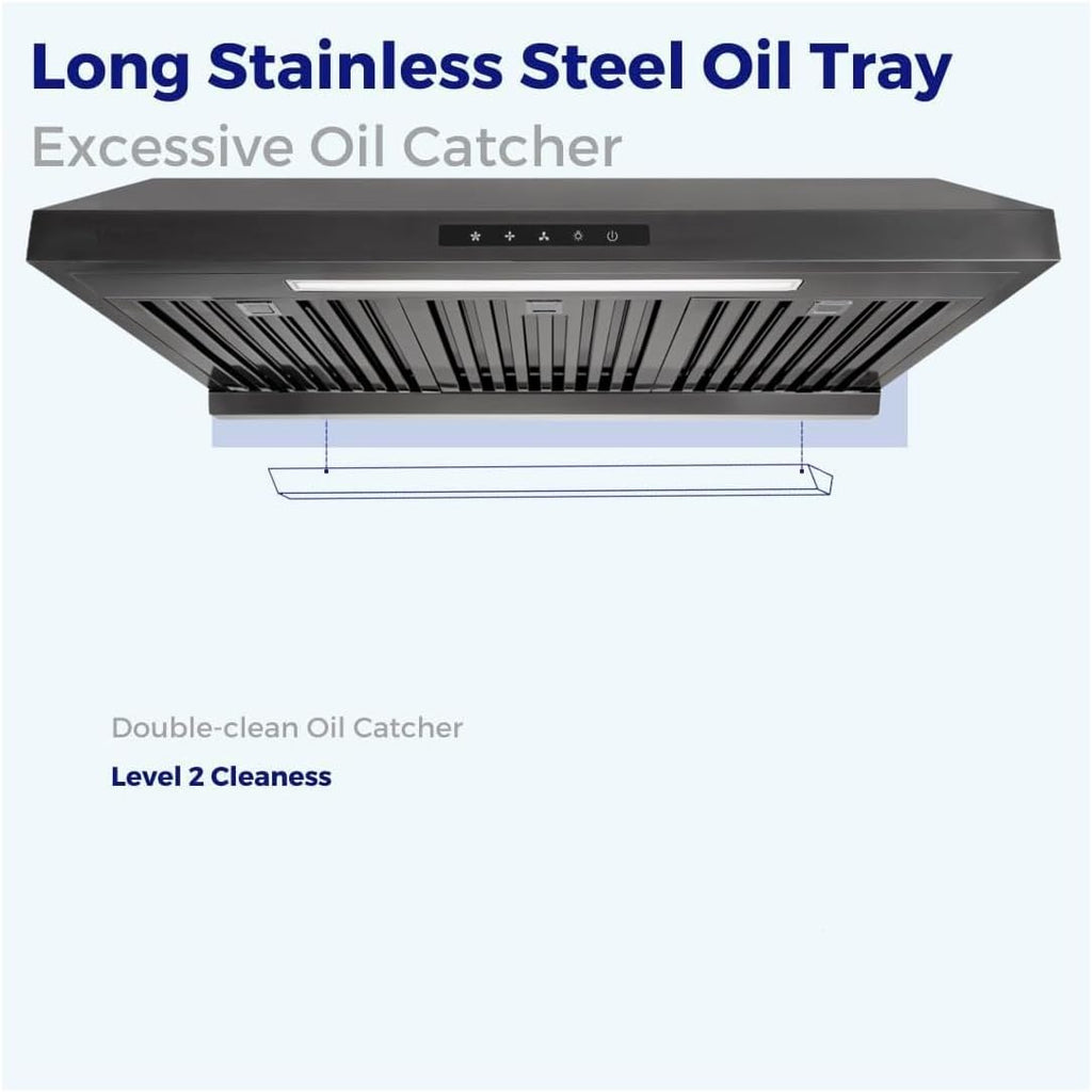 Powerful 30 Inch Under Cabinet Range Hood With Seamless Stainless Steel Body, Twin Turbo Motors, 3 Speed Touch Screen, Round Vent, Baffle Filters, LED Lights, Oil Collector