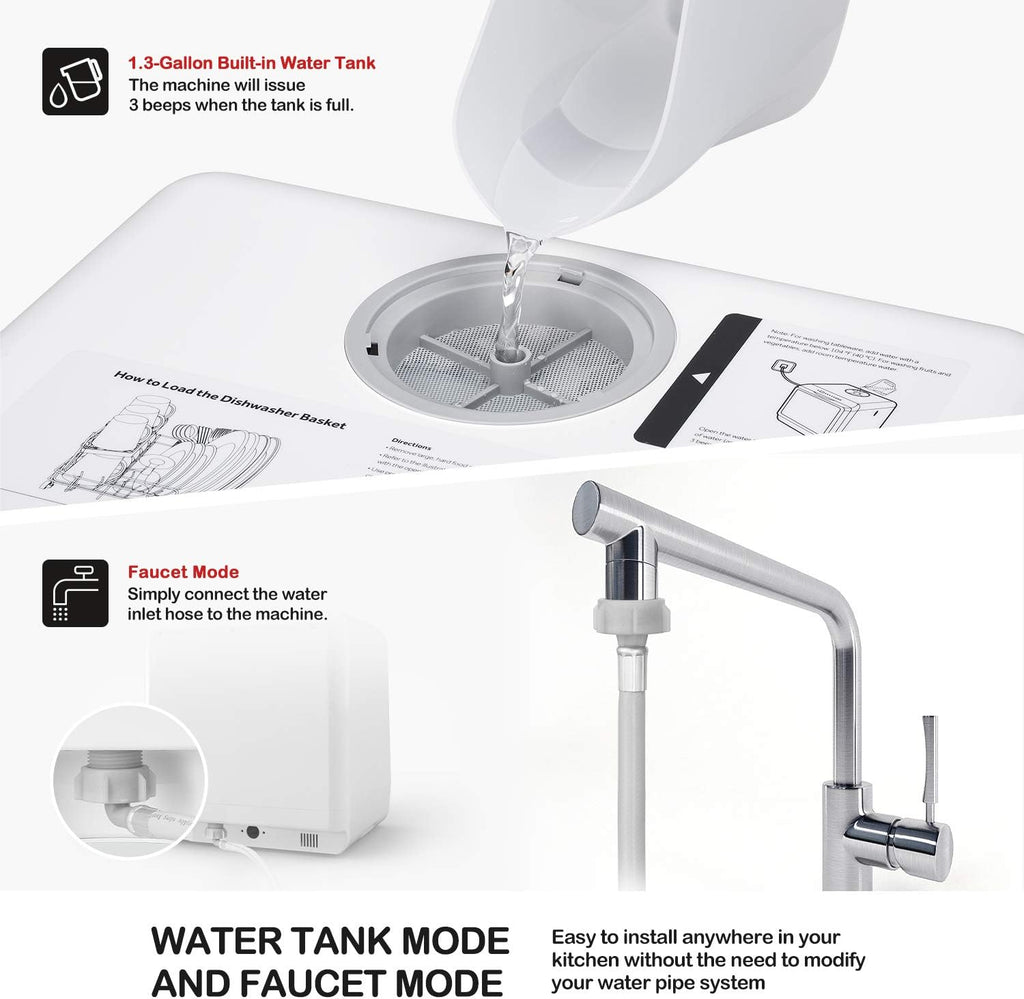 Portable Countertop Dishwashers, Compact Dishwashers with 5 L Built-in Water Tank & Inlet Hose, 5 Washing Programs, Baby Care, Air-Dry Function and LED Light for Small Apartments