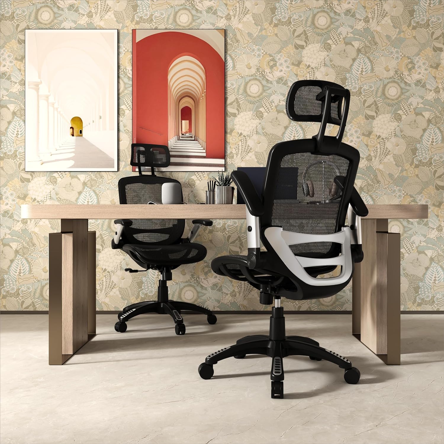 Ergonomic Mesh Office Chair, High Back Desk Chair - Adjustable Headrest with Flip Arm, Tilt Function, Lumbar Support and PU Wheels, Swivel Computer Work Chair