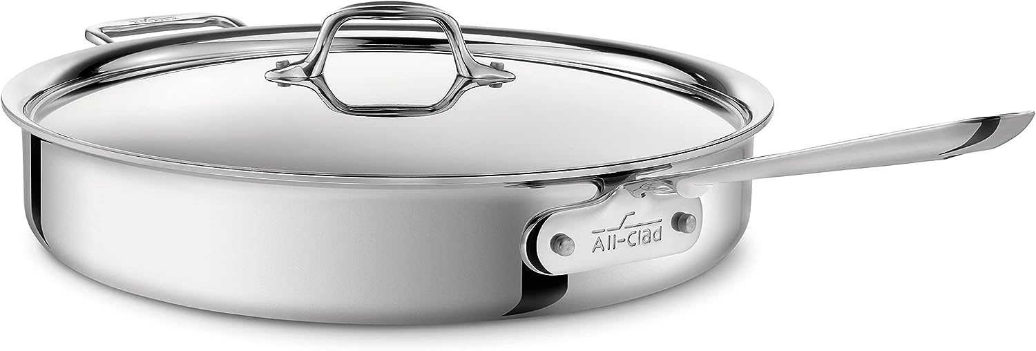 All-Clad D3 3-Ply Stainless Steel Sauté Pan 6 Quart Induction Oven Broiler Safe 600F Pots and Pans, Cookware Silver