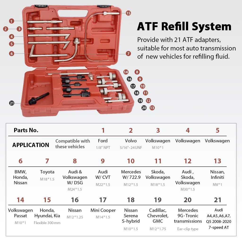 A1139HNUS Patented 12.5L Automatic Transmission Fluid Pump for ATF Filler System with 21 Pieces Taiwan-ATF Filling Adapters, Pneumatic and Manual Operation for Refilling Use