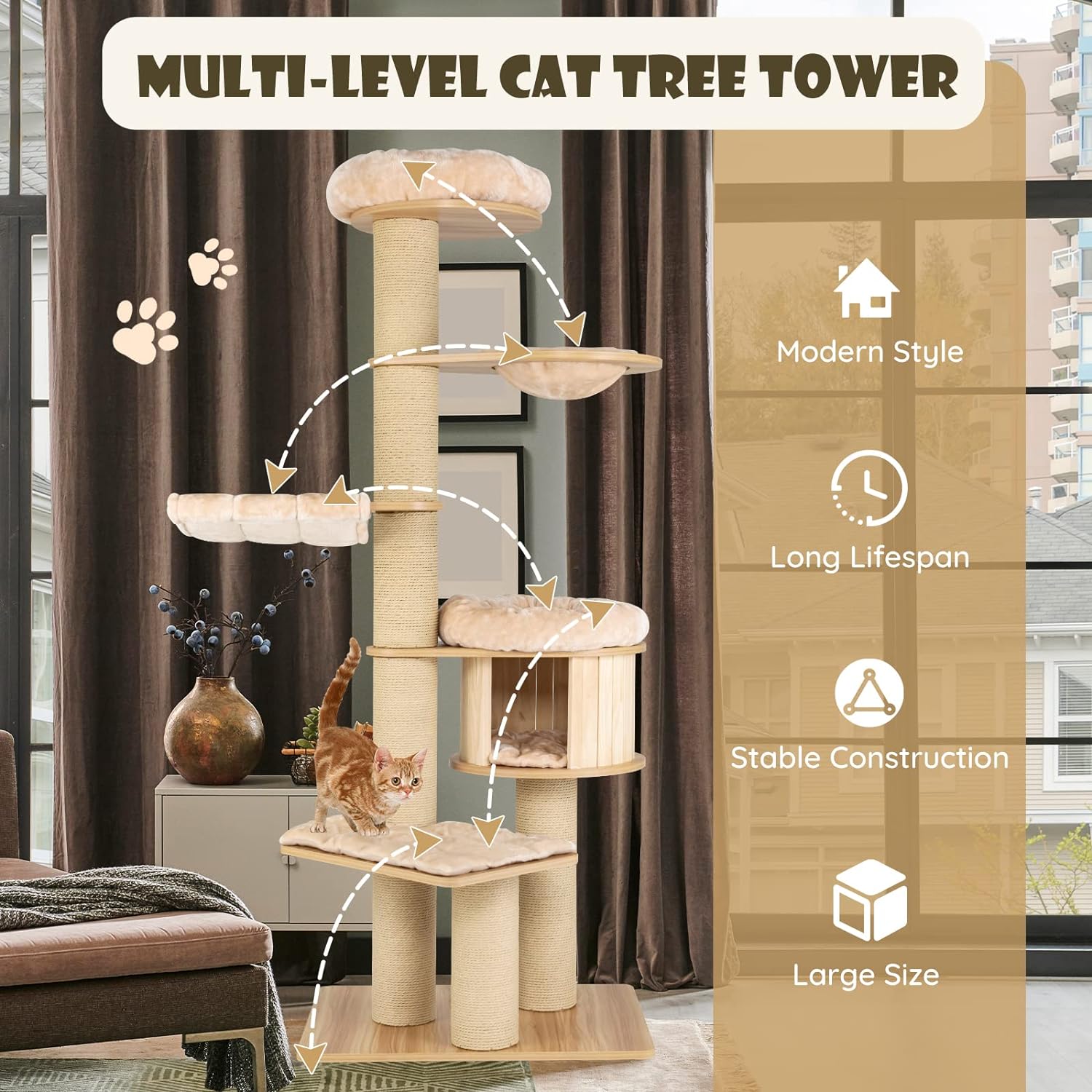 Large cat tree, multi-level tower with sisal posts, hammock, hanging basket and removable washable mats, perfect for large cats