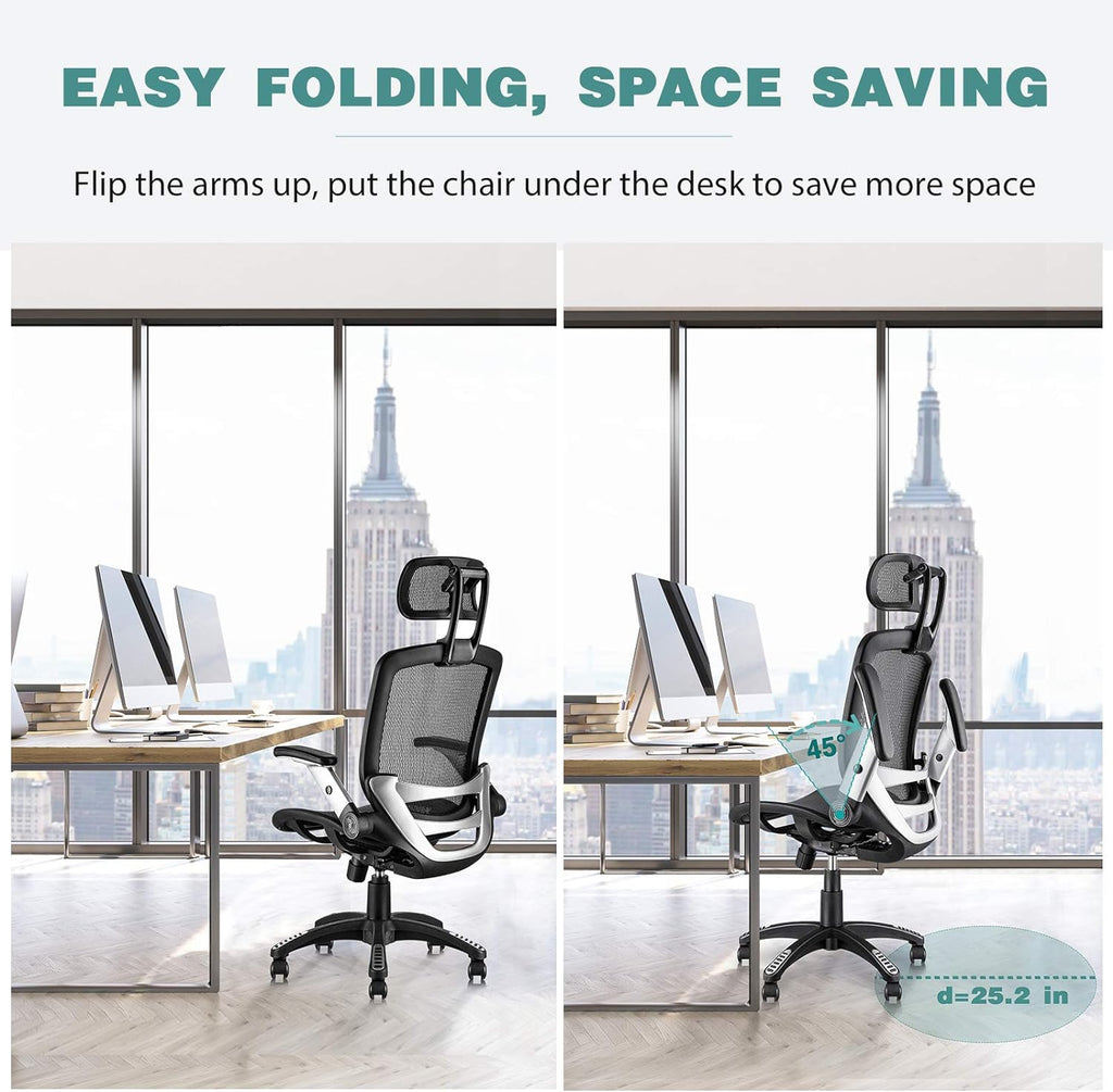 Ergonomic Mesh Office Chair, High Back Desk Chair - Adjustable Headrest with Flip Arm, Tilt Function, Lumbar Support and PU Wheels, Swivel Computer Work Chair