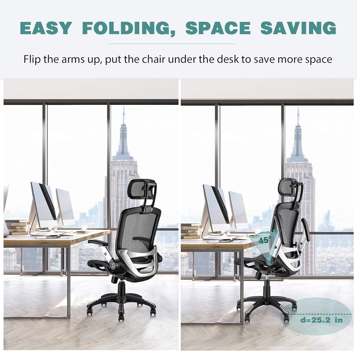 Ergonomic Mesh Office Chair, High Back Desk Chair - Adjustable Headrest with Flip Arm, Tilt Function, Lumbar Support and PU Wheels, Swivel Computer Work Chair