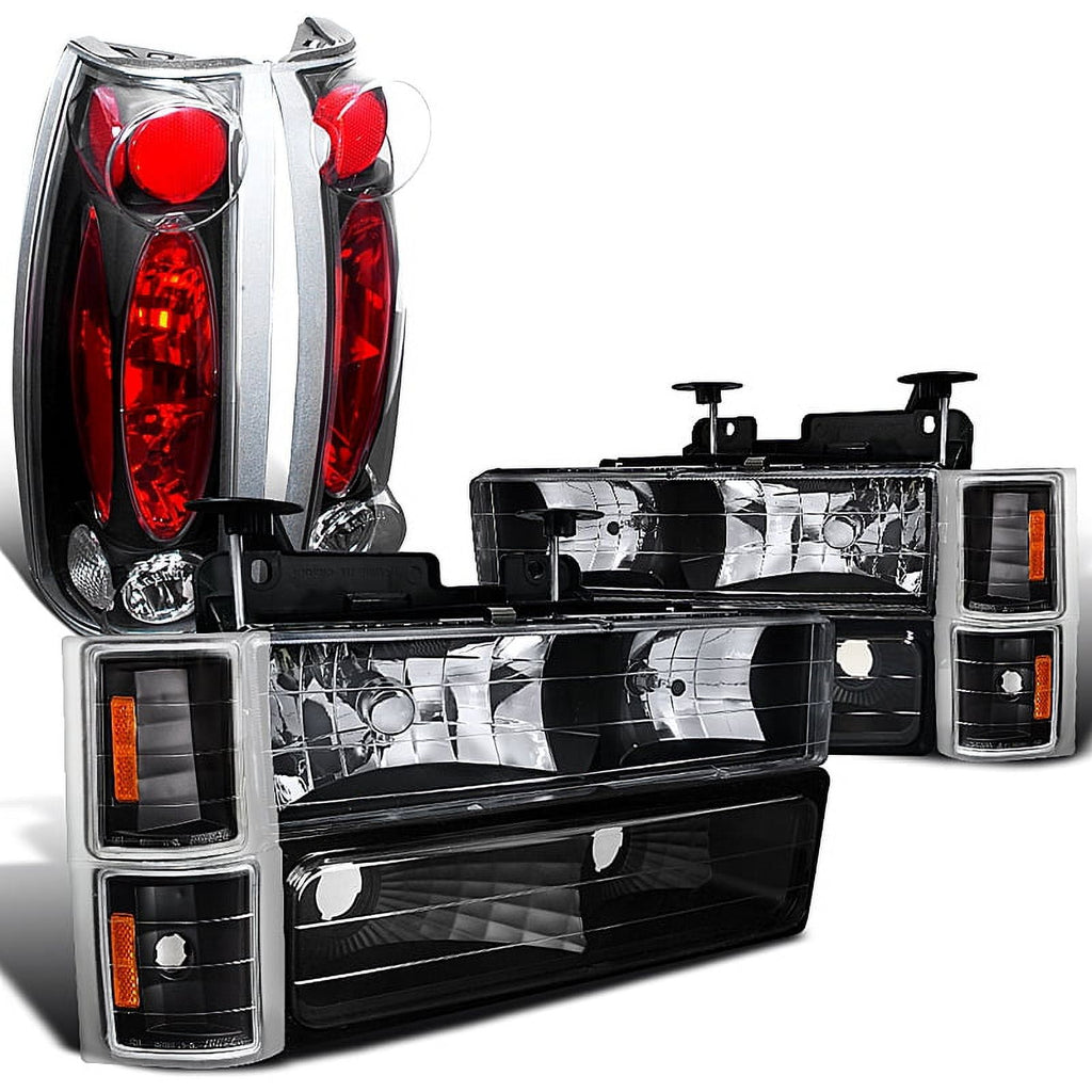 Spec-D Tuning Black Headlights + Bumper & Corner Lamps + LED Bumper Fog Light Compatible with Chevy C/K 1500/2500/3500 Left + Right Pair Headlamps Assembly