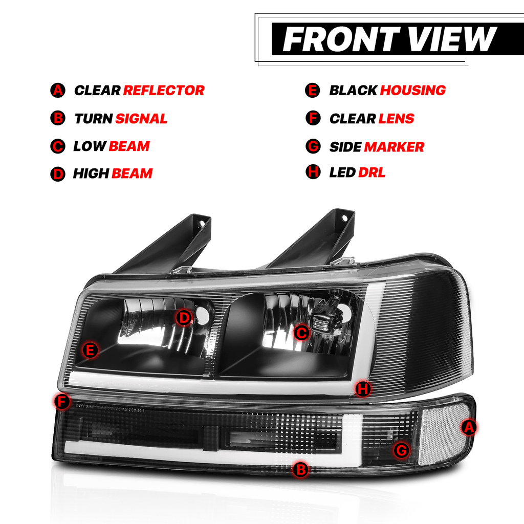 A set of 4 LED running light bars L+R black headlights + bumper signals for 2003-2014 Chevrolet Express 1500,2003-2023 Chevrolet Express 2500