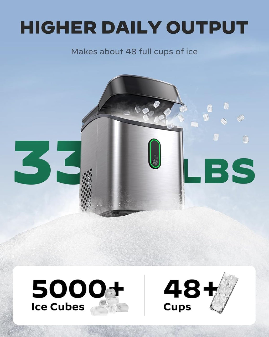 Ice Maker Countertop, Pebble Ice Maker with Soft Chewable Ice, One-Click Operation Ice Machine with Self-Cleaning, 33lbs/24H for Home,Kitchen,Office