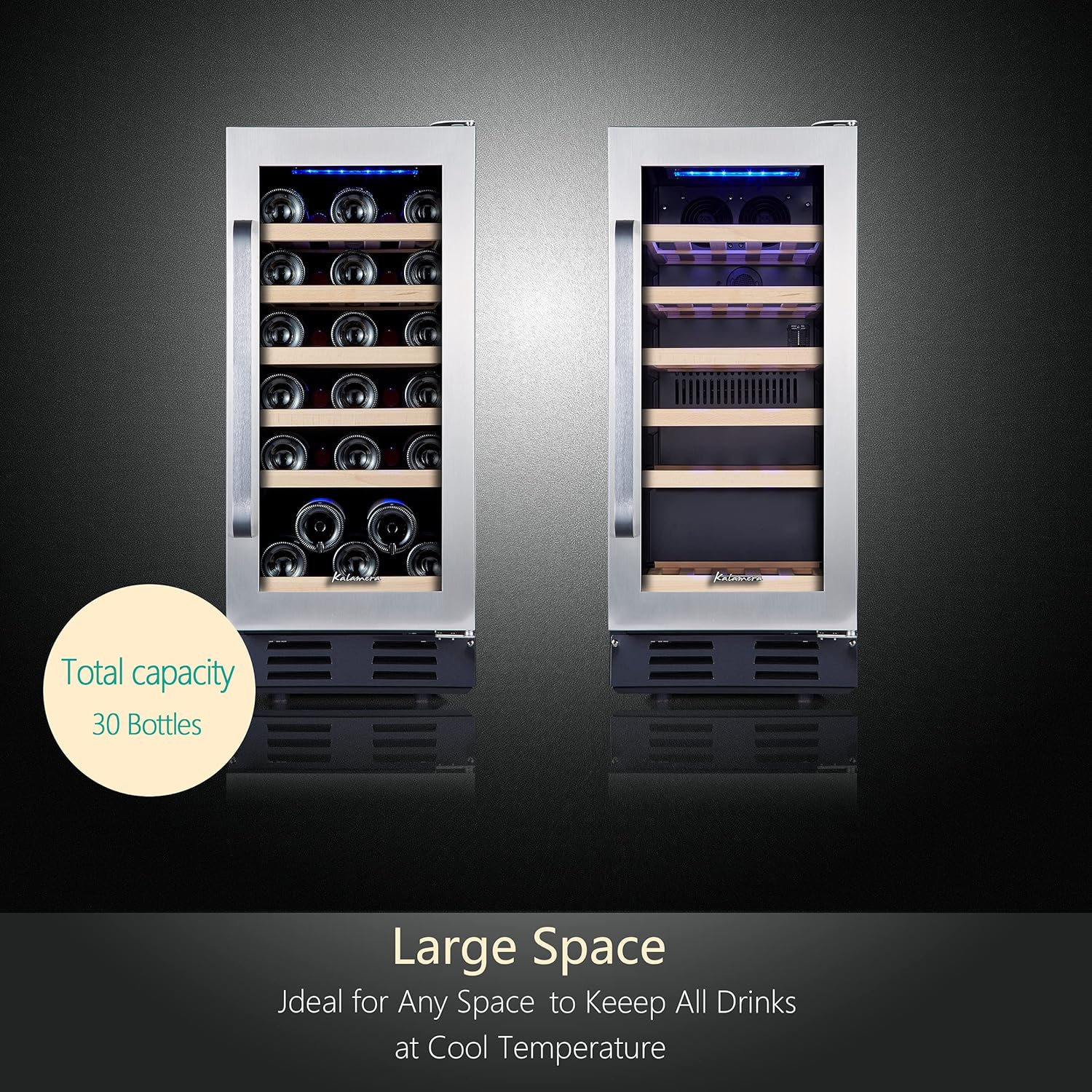 24 inch Wine Cooler, 46 Bottle - Dual Zone Built-in or Freestanding Fridge with Stainless Steel Reversible Glass Door, for Home, Kitchen, or Office.