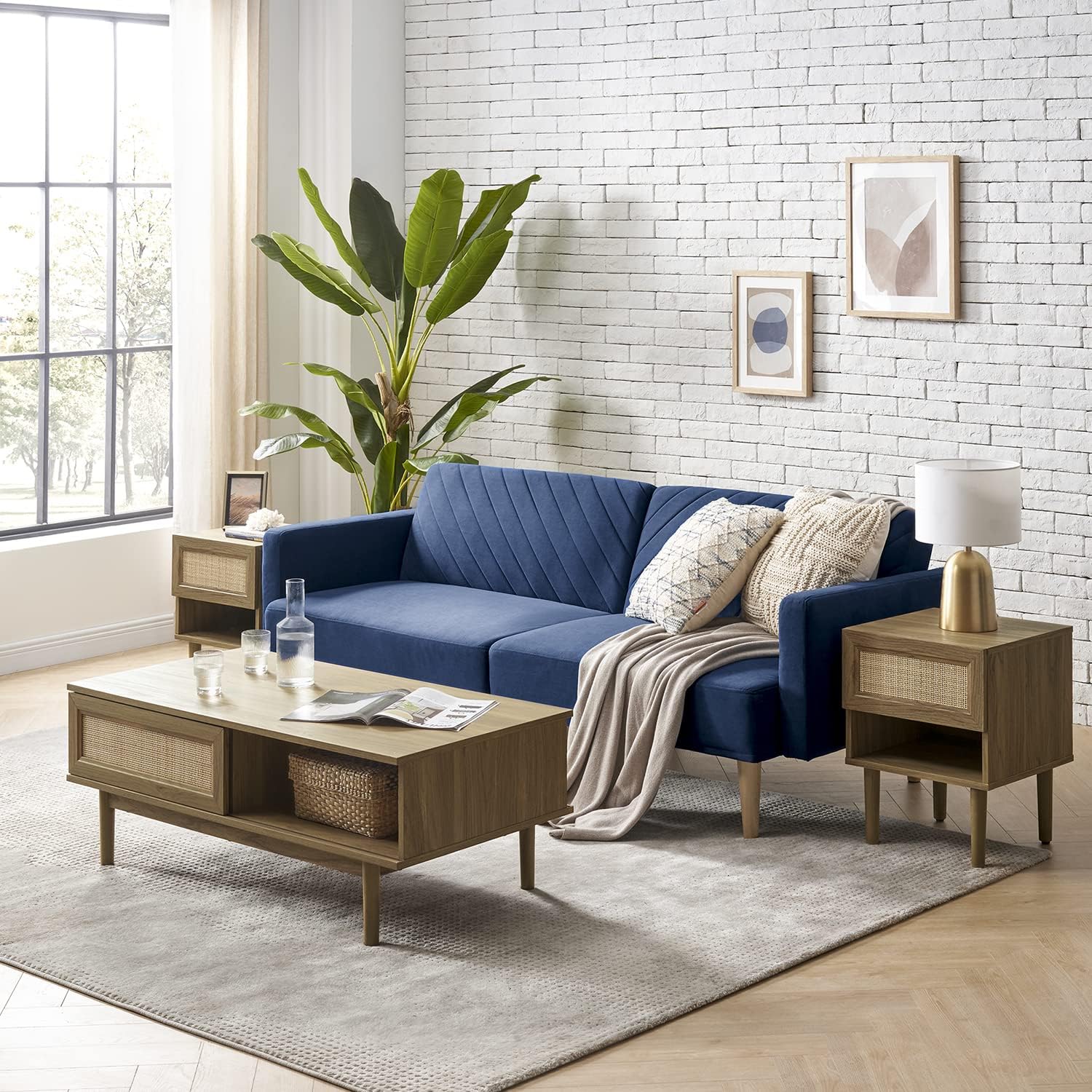 Mopio Ensley Mid Century Modern Rectangle Coffee Table with Dual Storage Shelf, Wood Slat Sliding Door, & Rounded Edge Protection for Living Room, Walnut Grain