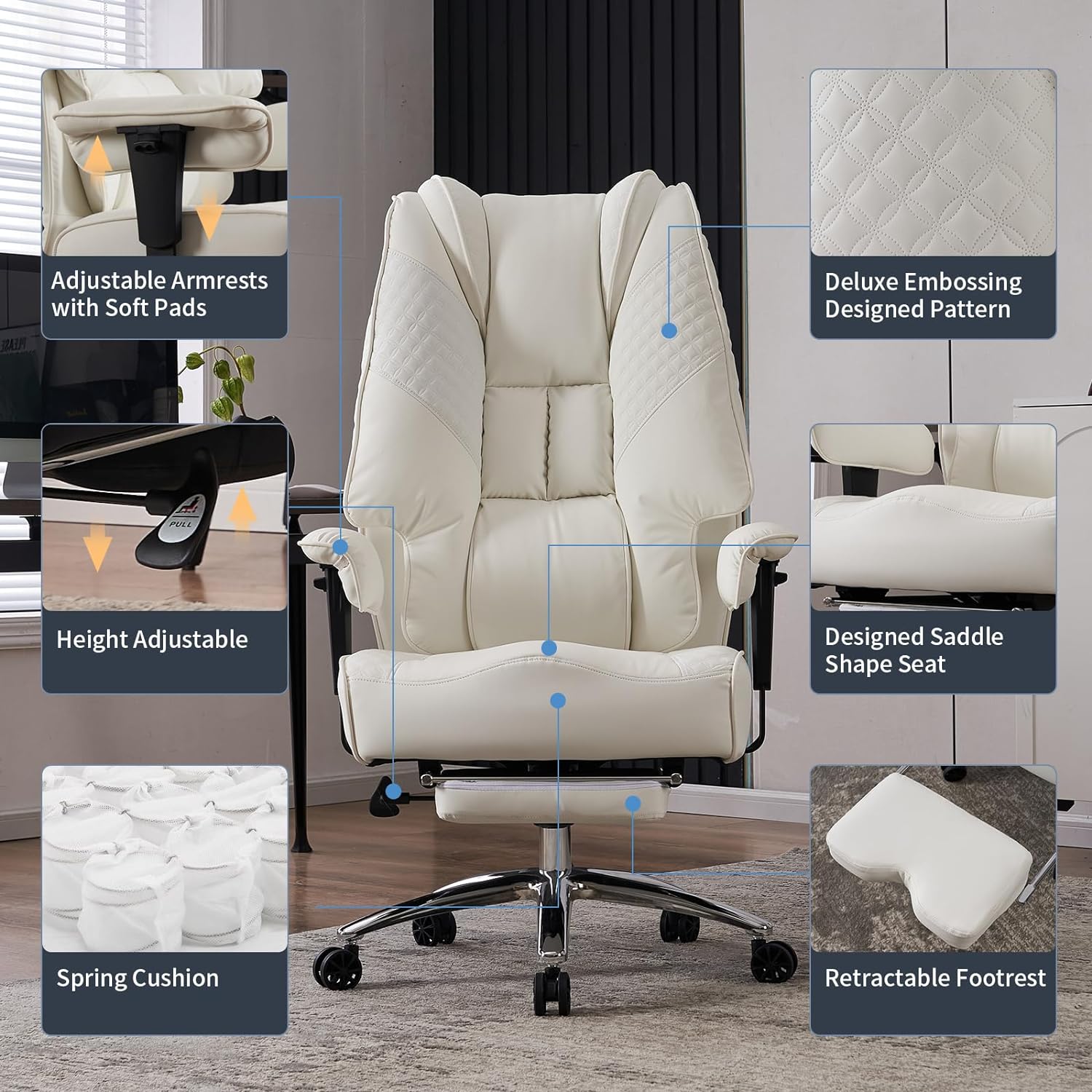 Large Tall Office Chair 400 lbs Wide Seat, Leather High Back Executive Office Chair with Footrest, Ergonomic Office Chair Lumbar Support to Relieve Lower Back Pain (Beige)